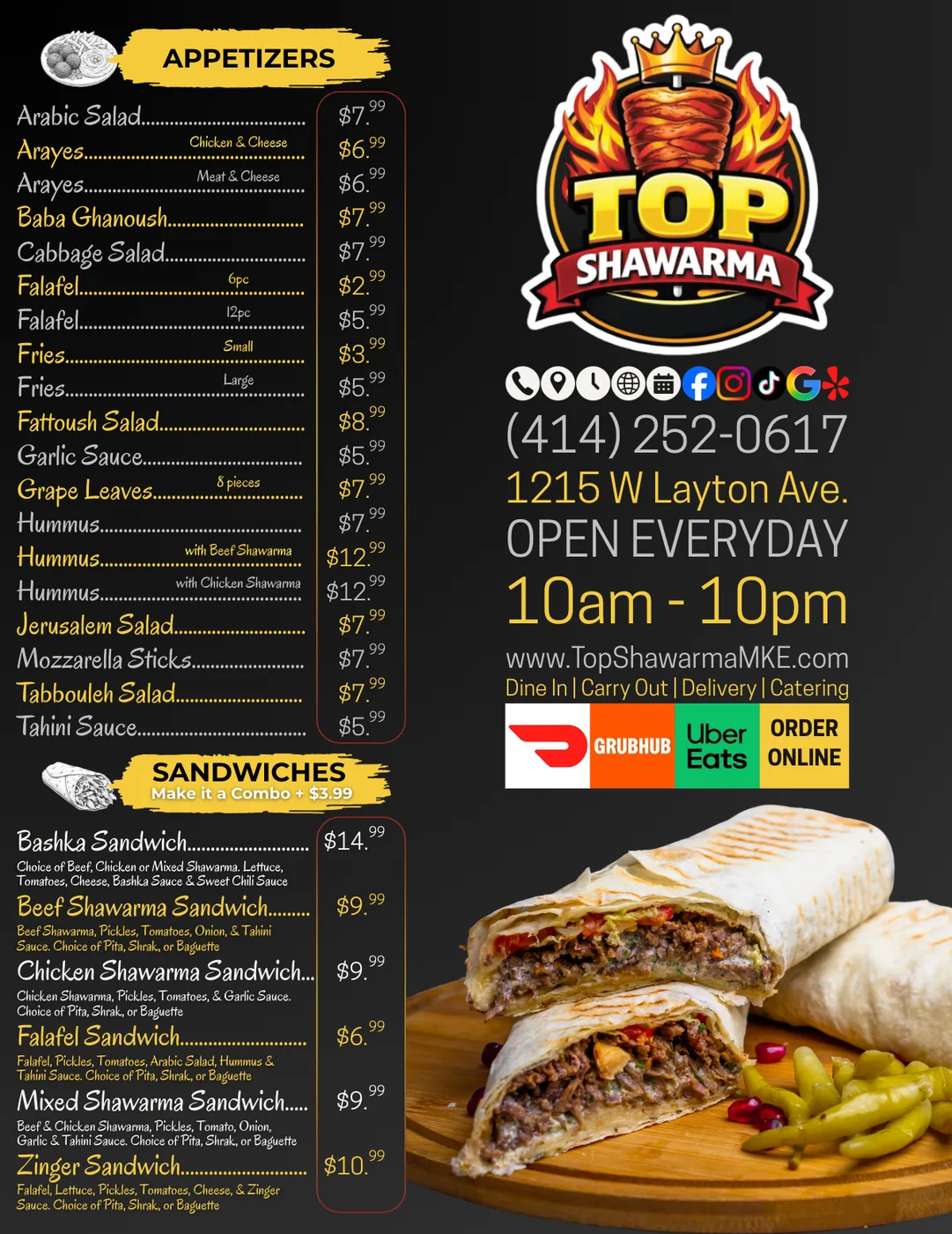 Top Shawarma menu board with appetizers and sandwiches