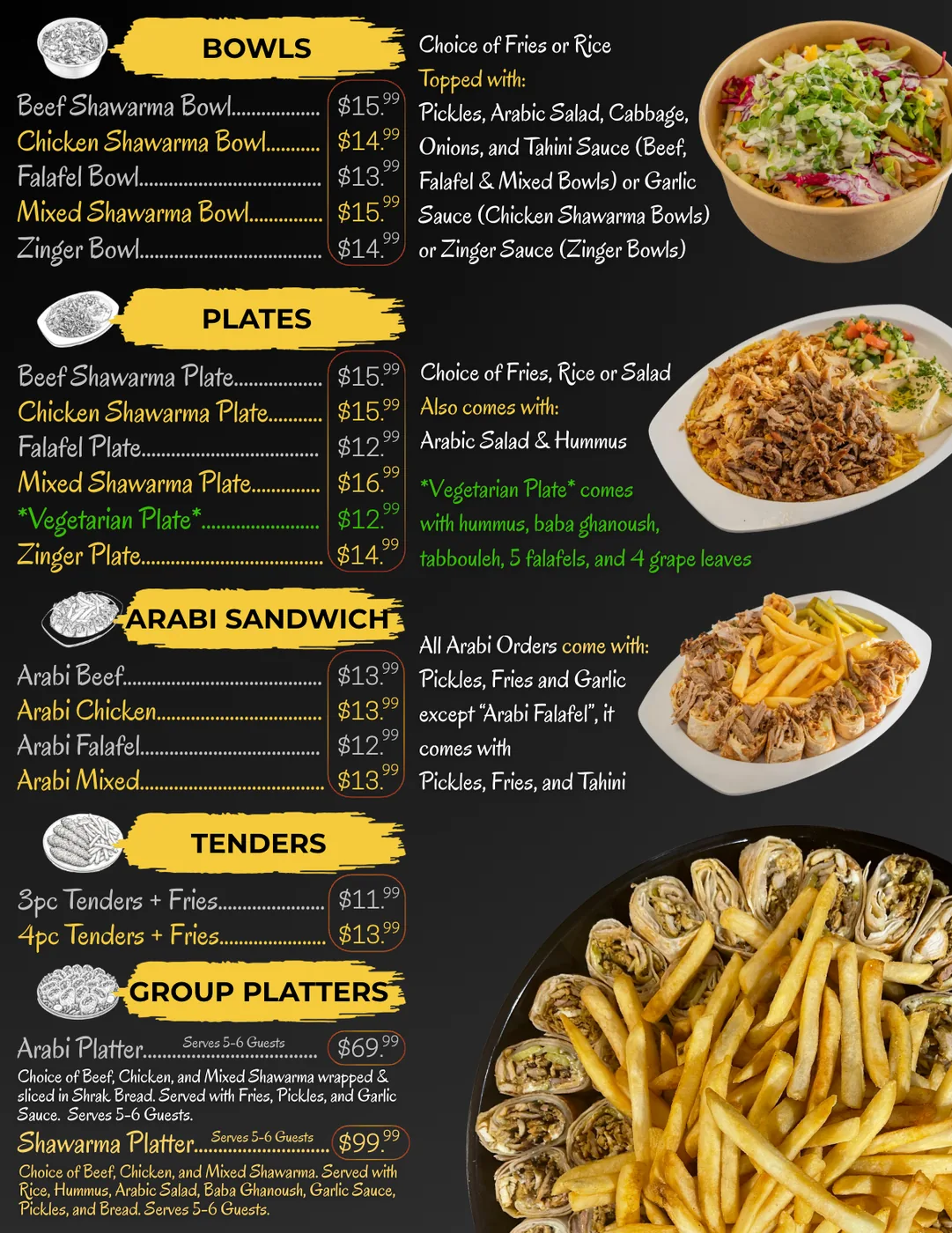 Top Shawarma menu board with bowls, plates, arabi sandwiches, tenders, and platters